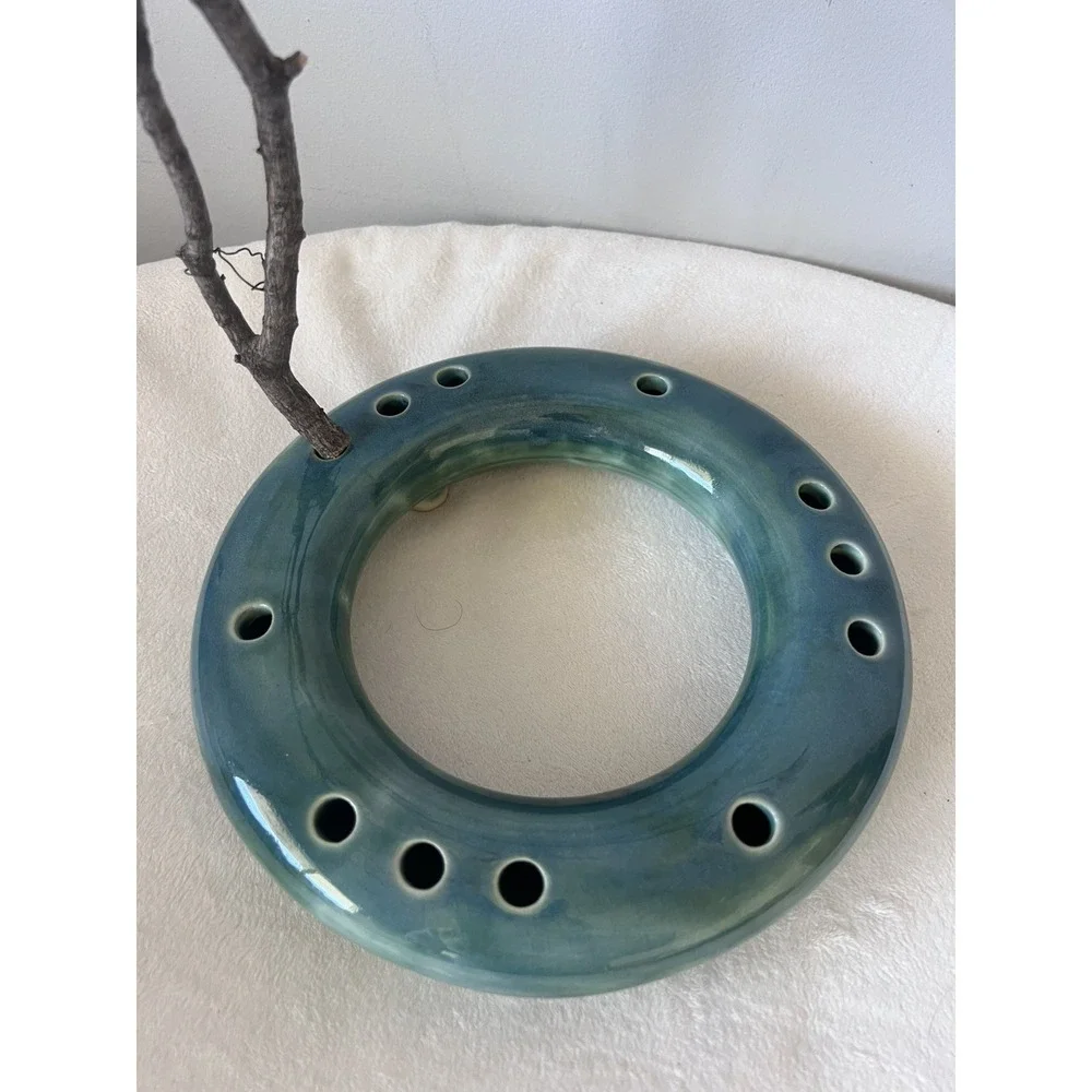 Pottery Ikebana Ring Vase Artist Signed Natural Minimalist Blue Green MCM